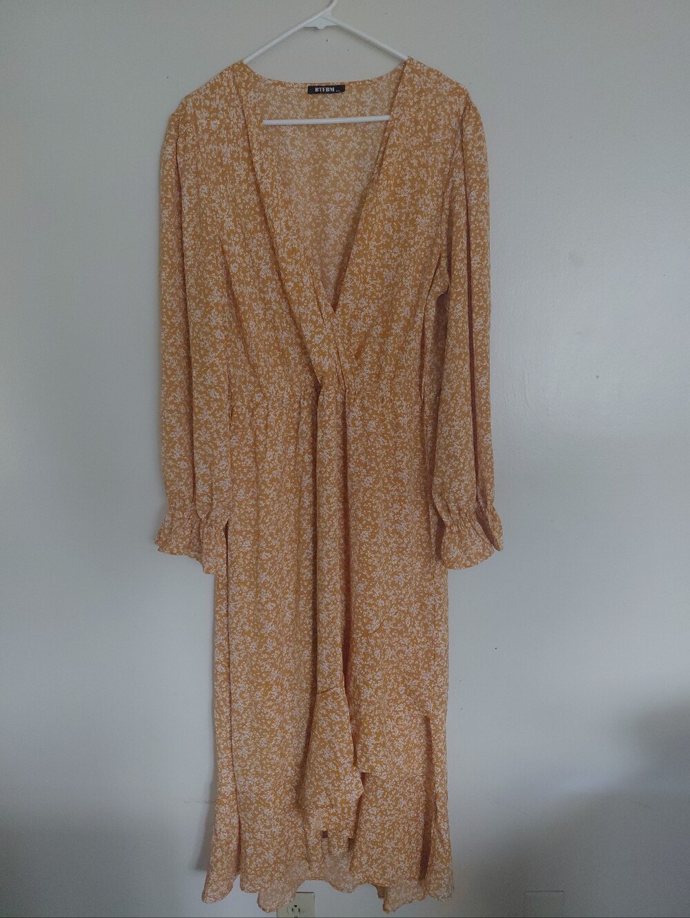 BTFBM Women's Mustard Yellow Long Sleeve Ruffled Boho Dress Size 2XL
